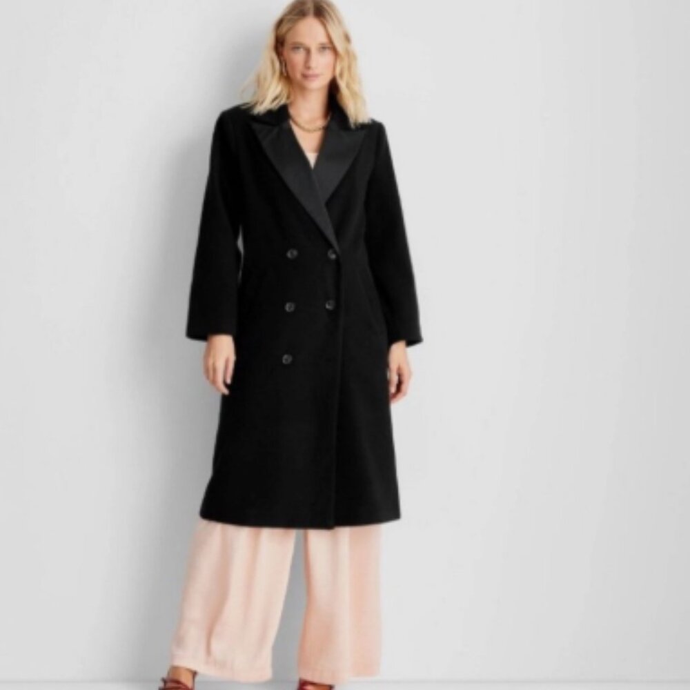 NWT Future Collective Black Double-Breasted Long Coat Size M